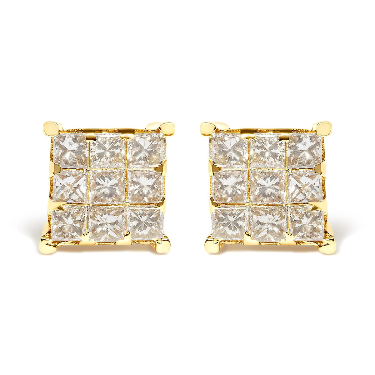 14K Yellow Gold 1 1/2 Cttw Invisible Set Princess-Cut Diamond 9 Stone Square Stud Earrings (J-K Color, SI2-I1 Clarity)