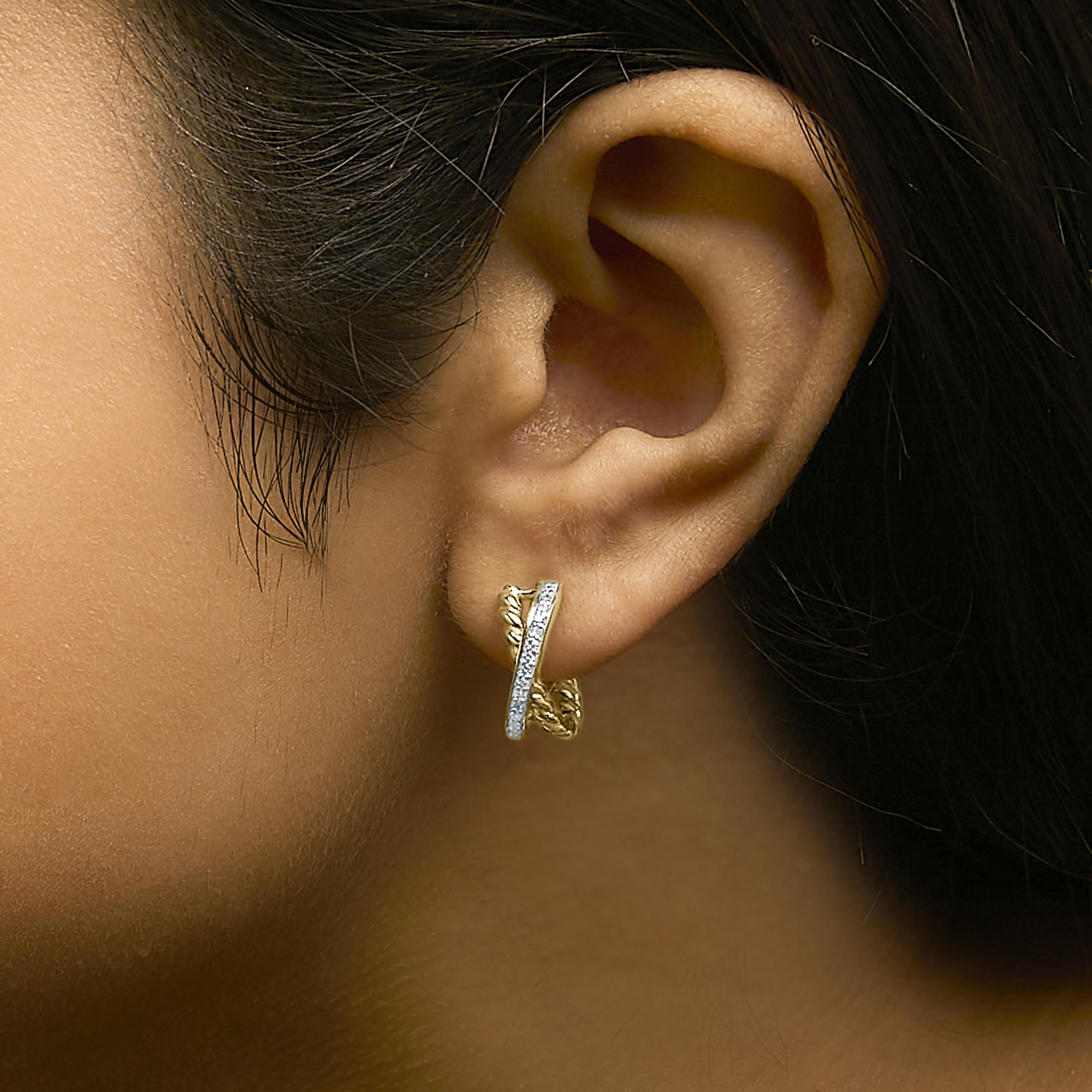 14K Yellow Gold Plated Sterling Silver 1/5 Cttw Diamond Twisted Design Hoop Earrings