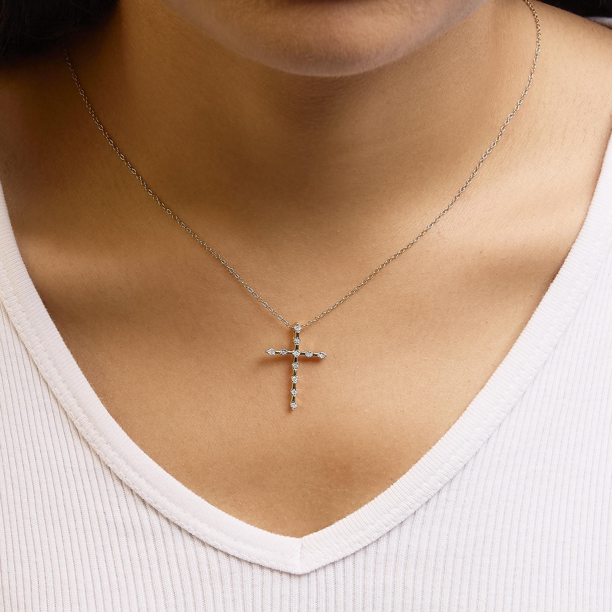 Yellow Plated .925 Sterling Silver 1/15 cttw Round Cut Diamond Cross Pendant Necklace (H-I, I2)