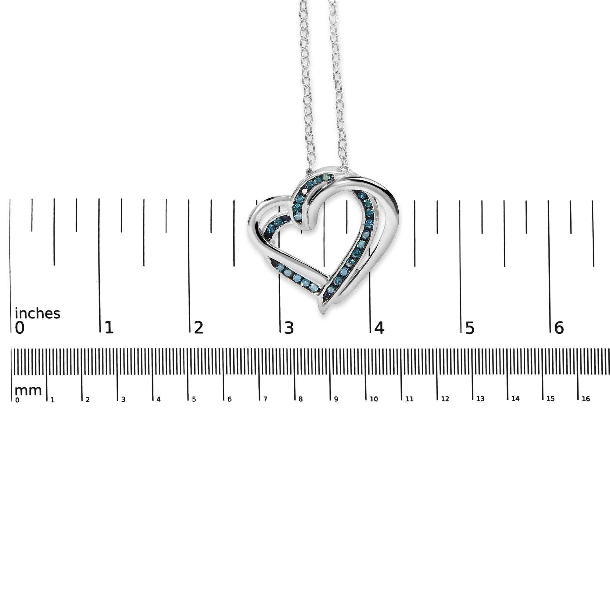 925 Sterling Silver 1/10 Cttw Treated Blue Diamond Double Heart 18" Pendant Necklace (Blue Color, I2-I3 Clarity)