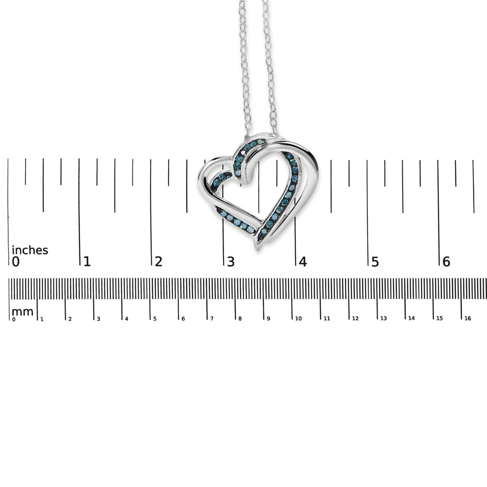 925 Sterling Silver 1/10 Cttw Treated Blue Diamond Double Heart 18" Pendant Necklace (Blue Color, I2-I3 Clarity)