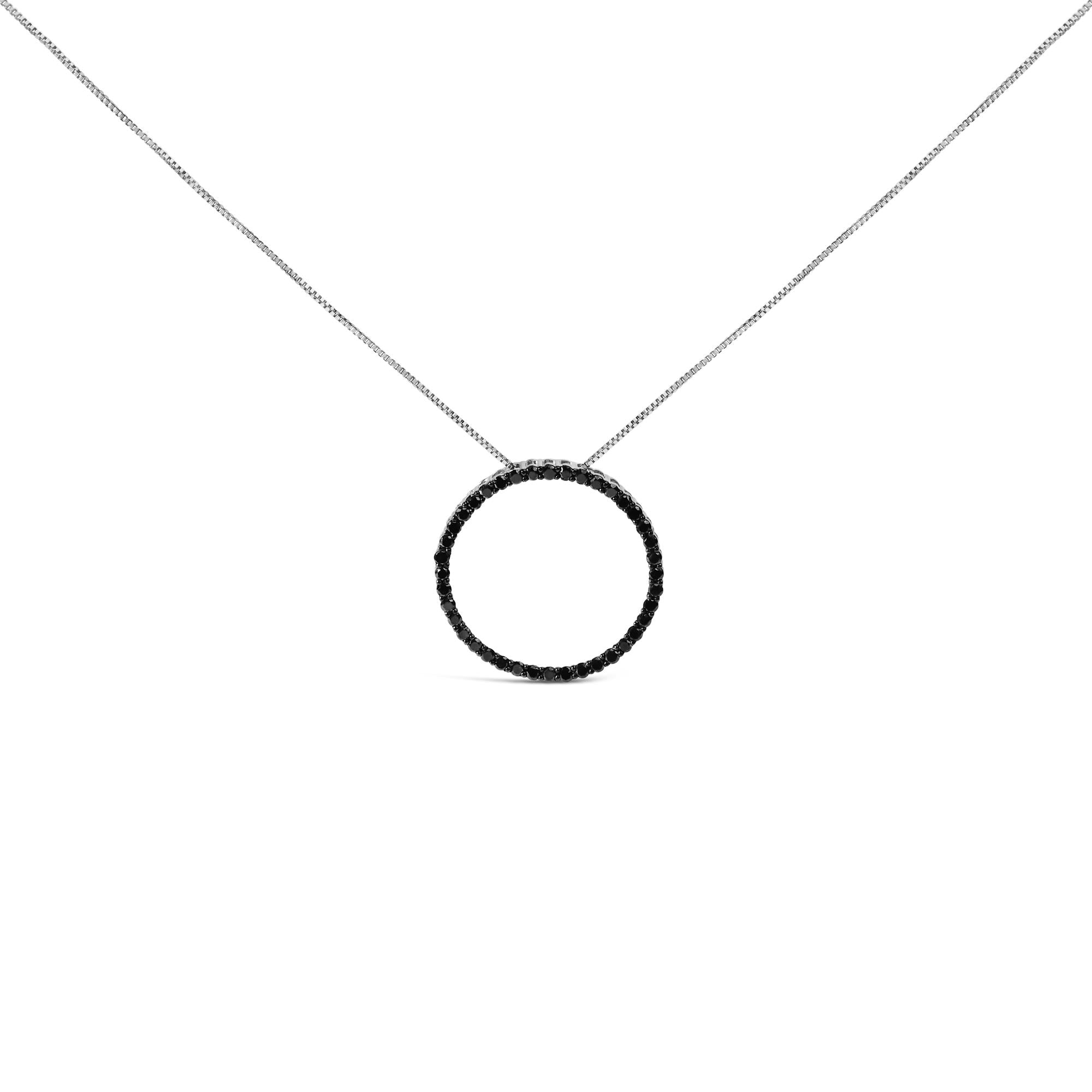 .925 Sterling Silver Black Diamond Open Hoop Circle 18" Pendant Necklace (Black Color, I2-I3 Clarity)
