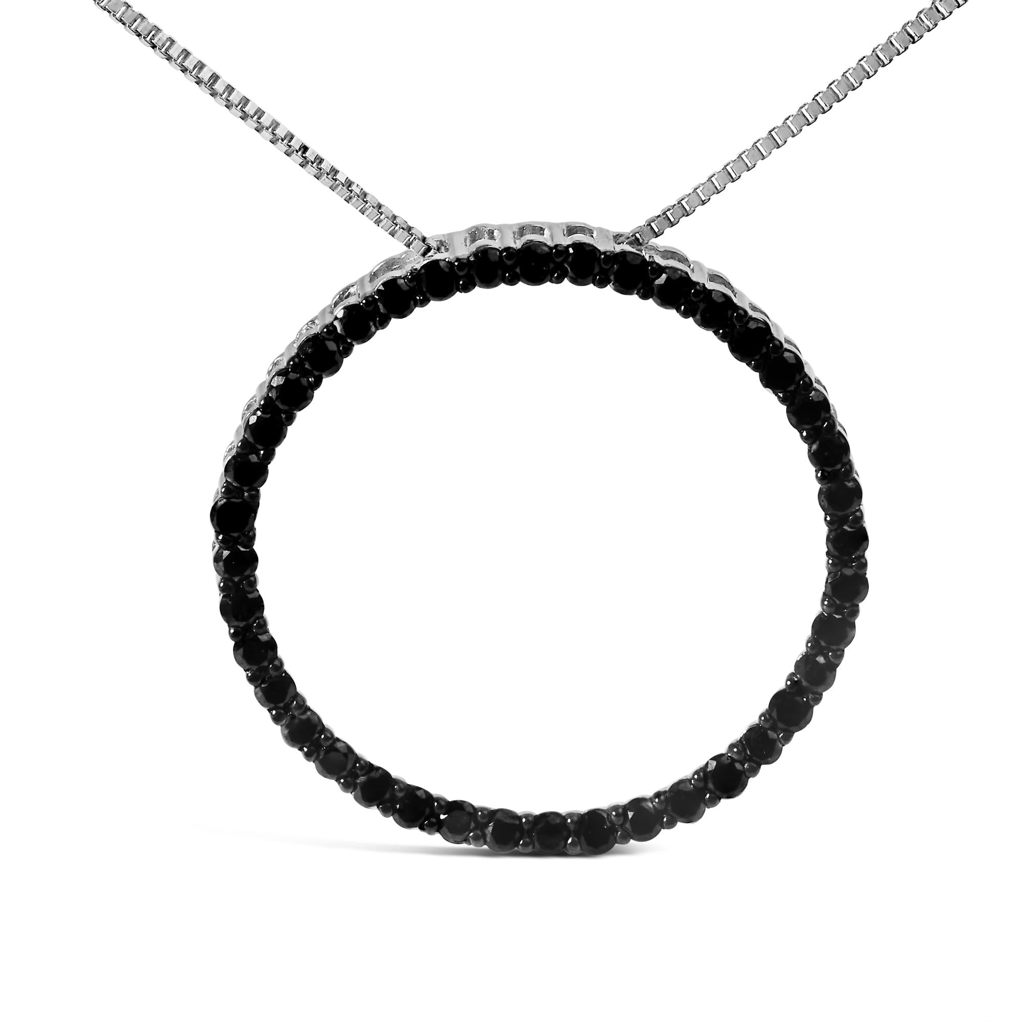 .925 Sterling Silver Black Diamond Open Hoop Circle 18" Pendant Necklace (Black Color, I2-I3 Clarity)