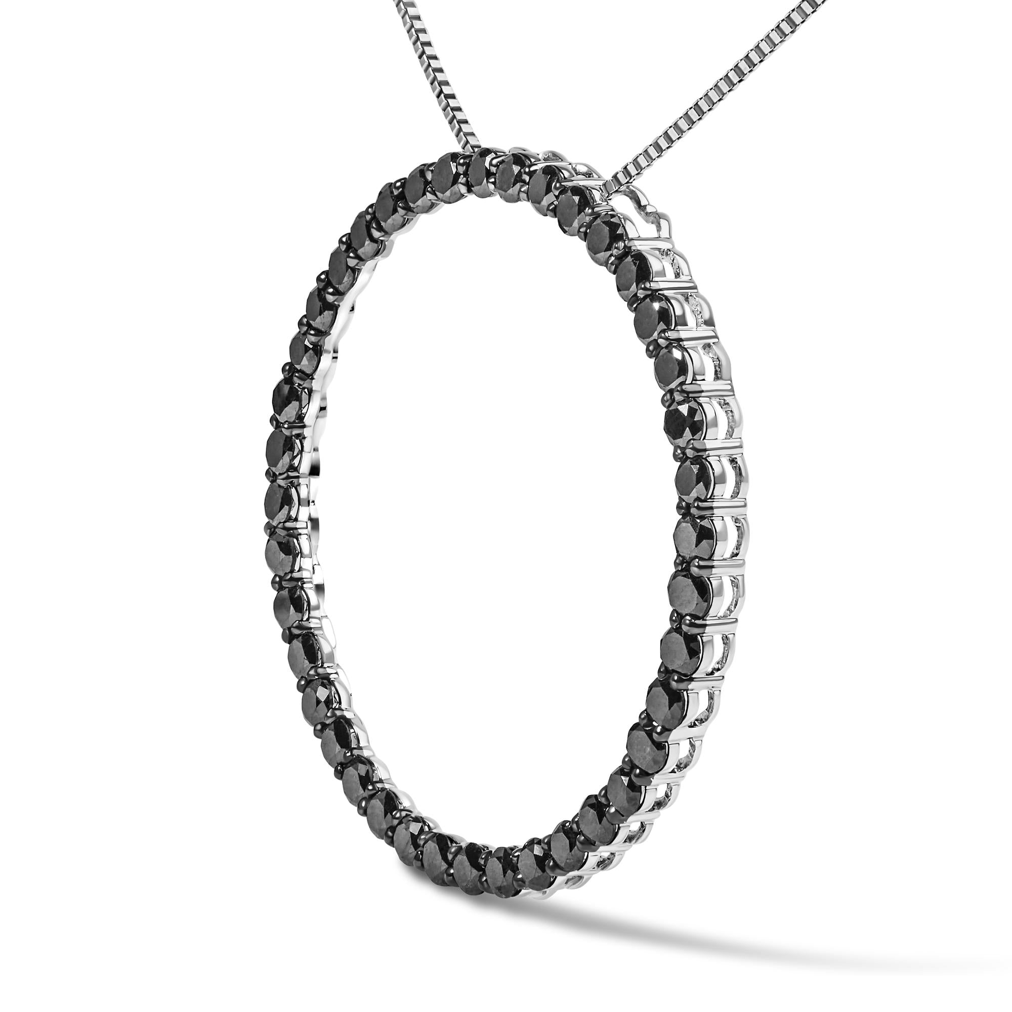 .925 Sterling Silver Black Diamond Open Hoop Circle 18" Pendant Necklace (Black Color, I2-I3 Clarity)