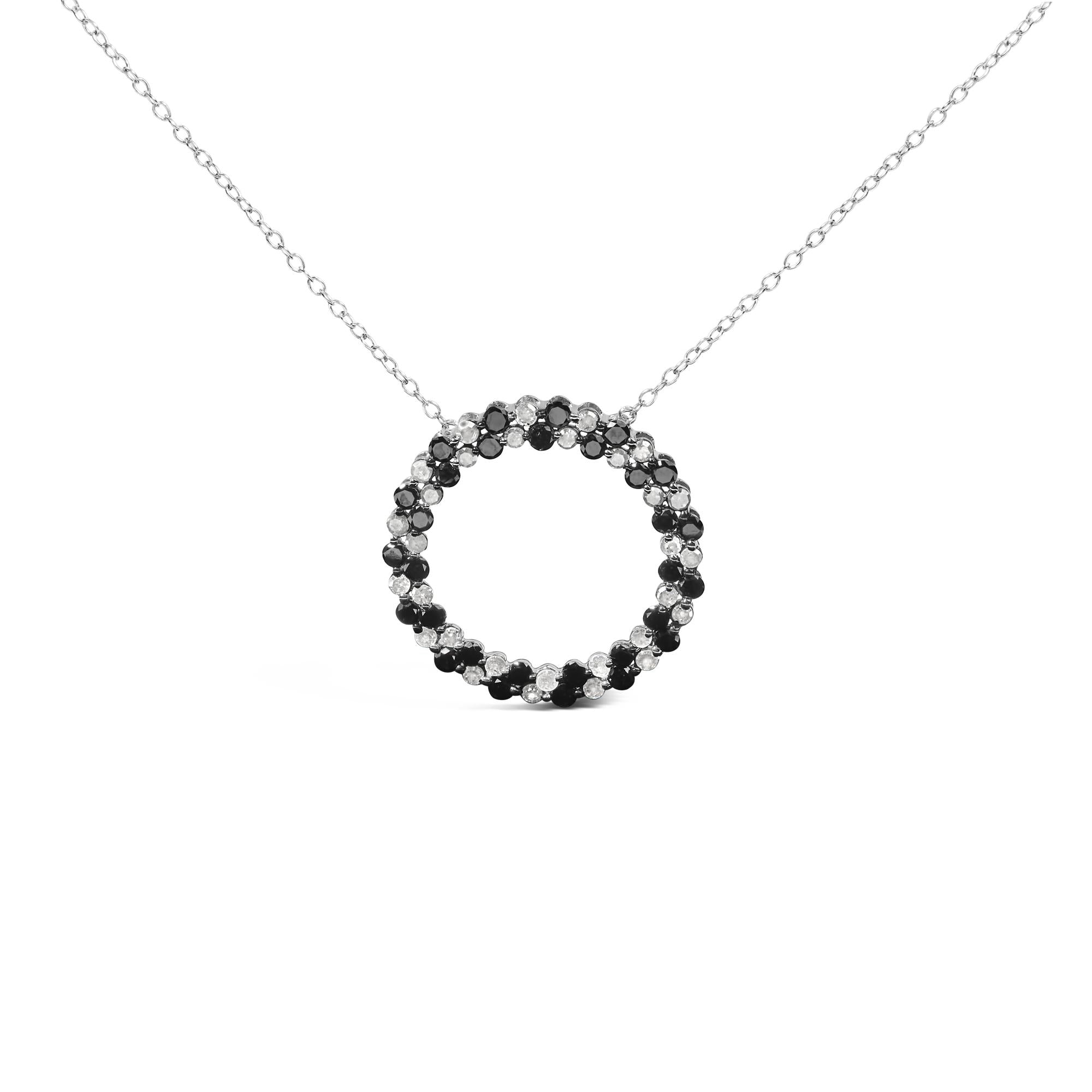 .925 Sterling Silver 1 3/5 Cttw Alternating Treated Black and White Diamond Double Row Open Circle Pendant Necklace (H-I Color, I3 Clarity) - 18"