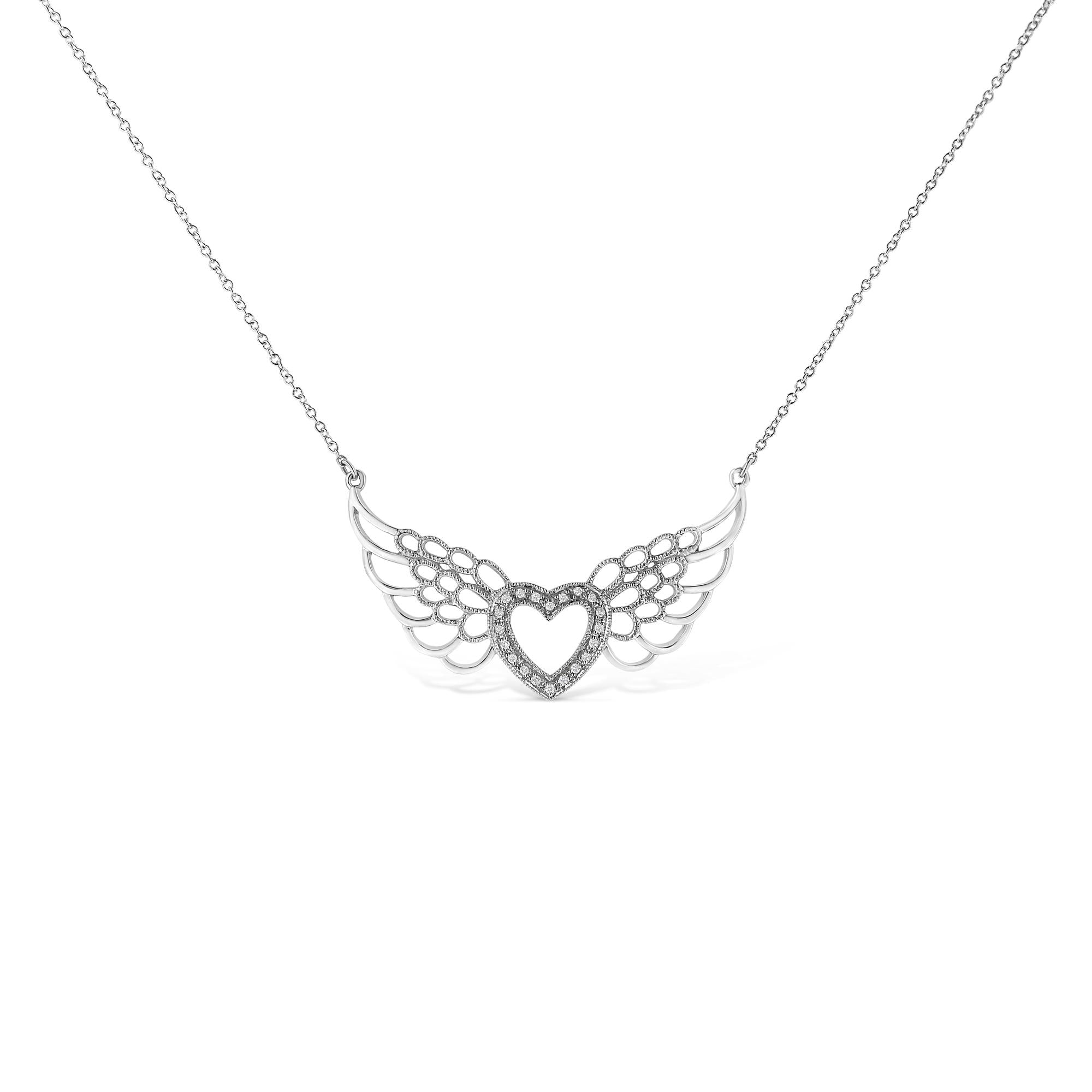 .925 Sterling Silver Pave-Set Diamond Accent Fairy Wing 18" Heart Pendant Necklace (I-J Color, I1-I2 Clarity)