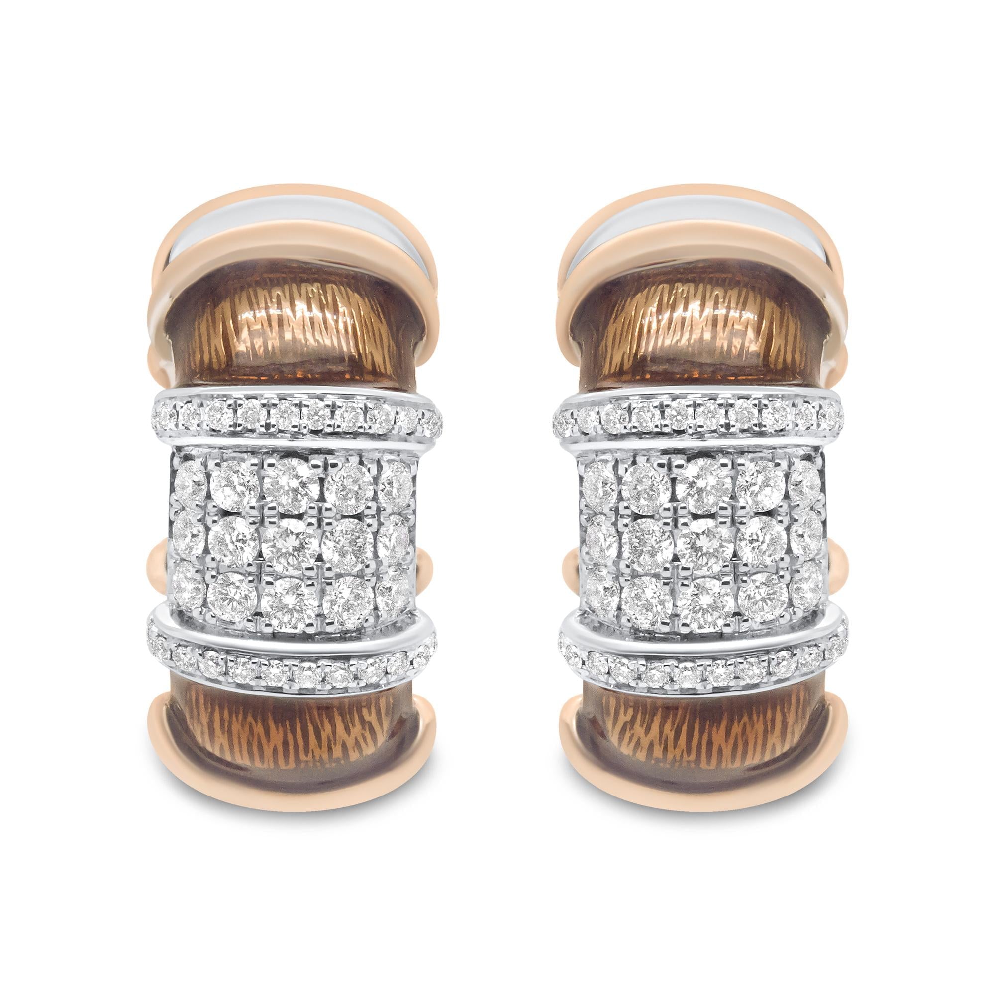 18K White and Rose Gold Flash Plated .925 Sterling Silver Clear Brown Enamel 1/6 Cttw Round Diamond Huggie Hoop Earrings (F-G Color, VS1-VS2 Clarity)