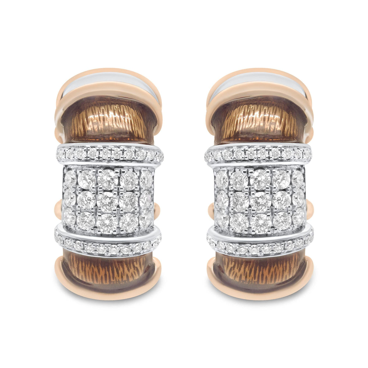 18K White and Rose Gold Flash Plated .925 Sterling Silver Clear Brown Enamel 1/6 Cttw Round Diamond Huggie Hoop Earrings (F-G Color, VS1-VS2 Clarity)
