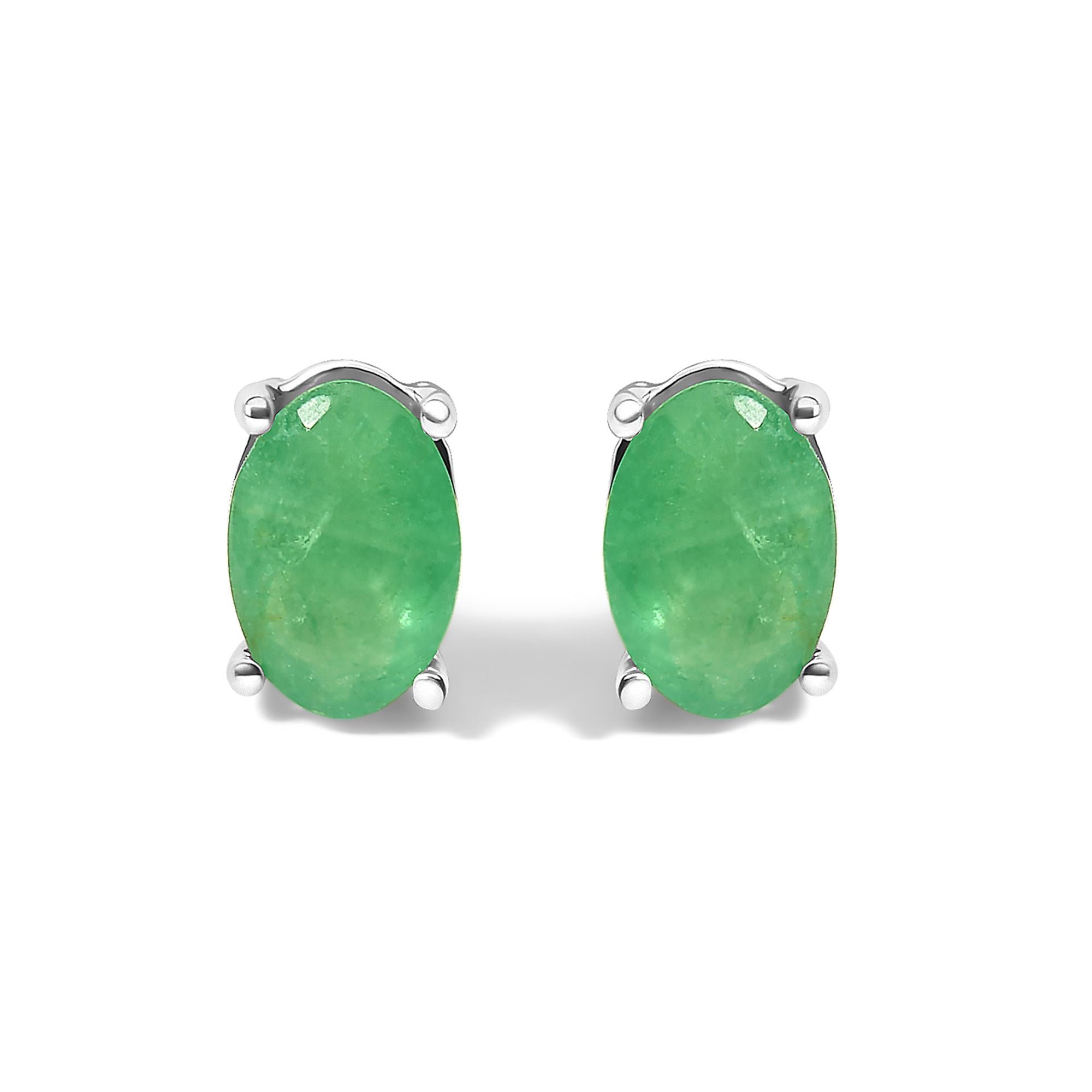 Sterling Silver 1.20 Cttw Oval Green Emerald Solitaire Stud Earrings