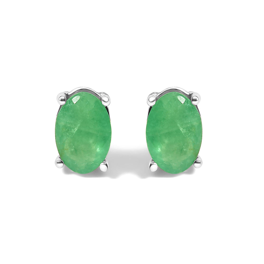 Sterling Silver 1.20 Cttw Oval Green Emerald Solitaire Stud Earrings