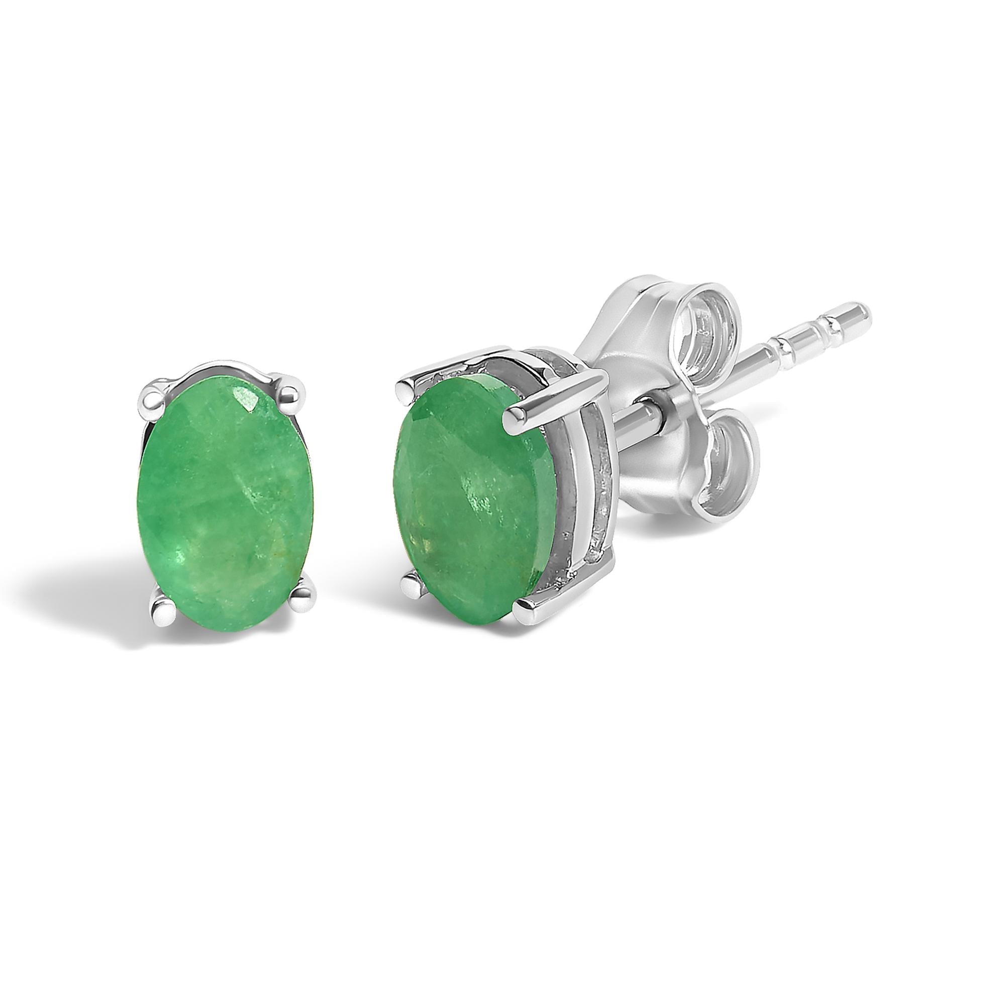 Sterling Silver 1.20 Cttw Oval Green Emerald Solitaire Stud Earrings