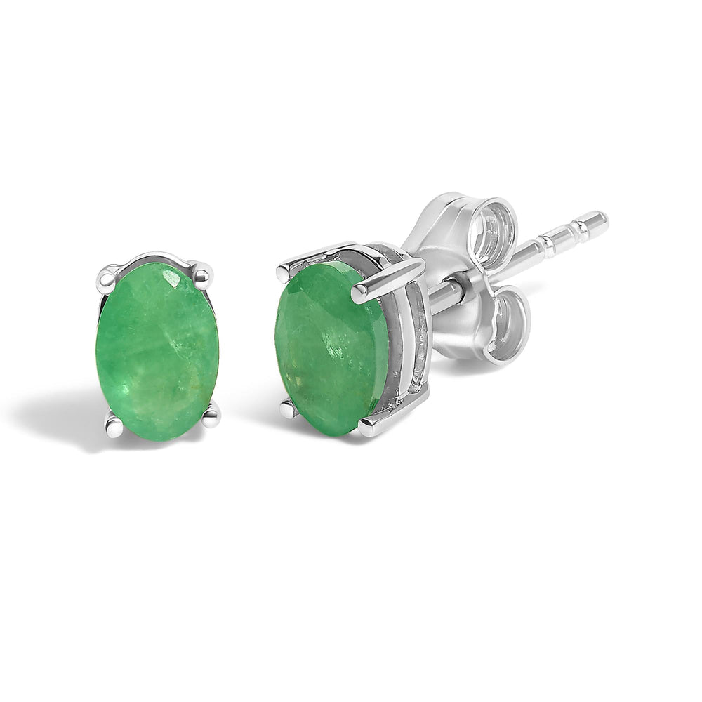 Sterling Silver 1.20 Cttw Oval Green Emerald Solitaire Stud Earrings