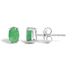Sterling Silver 1.20 Cttw Oval Green Emerald Solitaire Stud Earrings