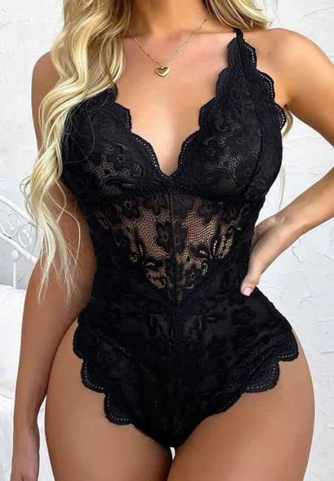 Bold Black Lace Bodysuit with Strappy Back Design