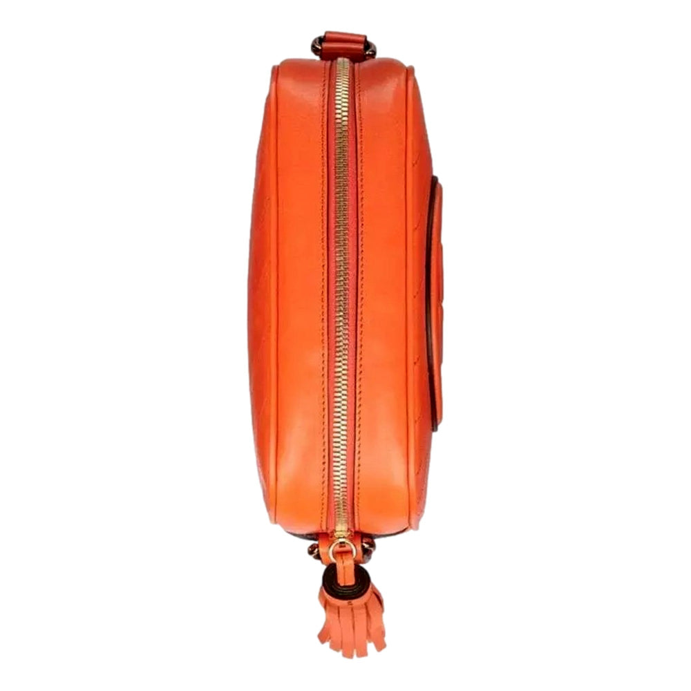 Gucci Blondie GG Patch Orange Leather Camera Crossbody Bag Diagonal Stitching