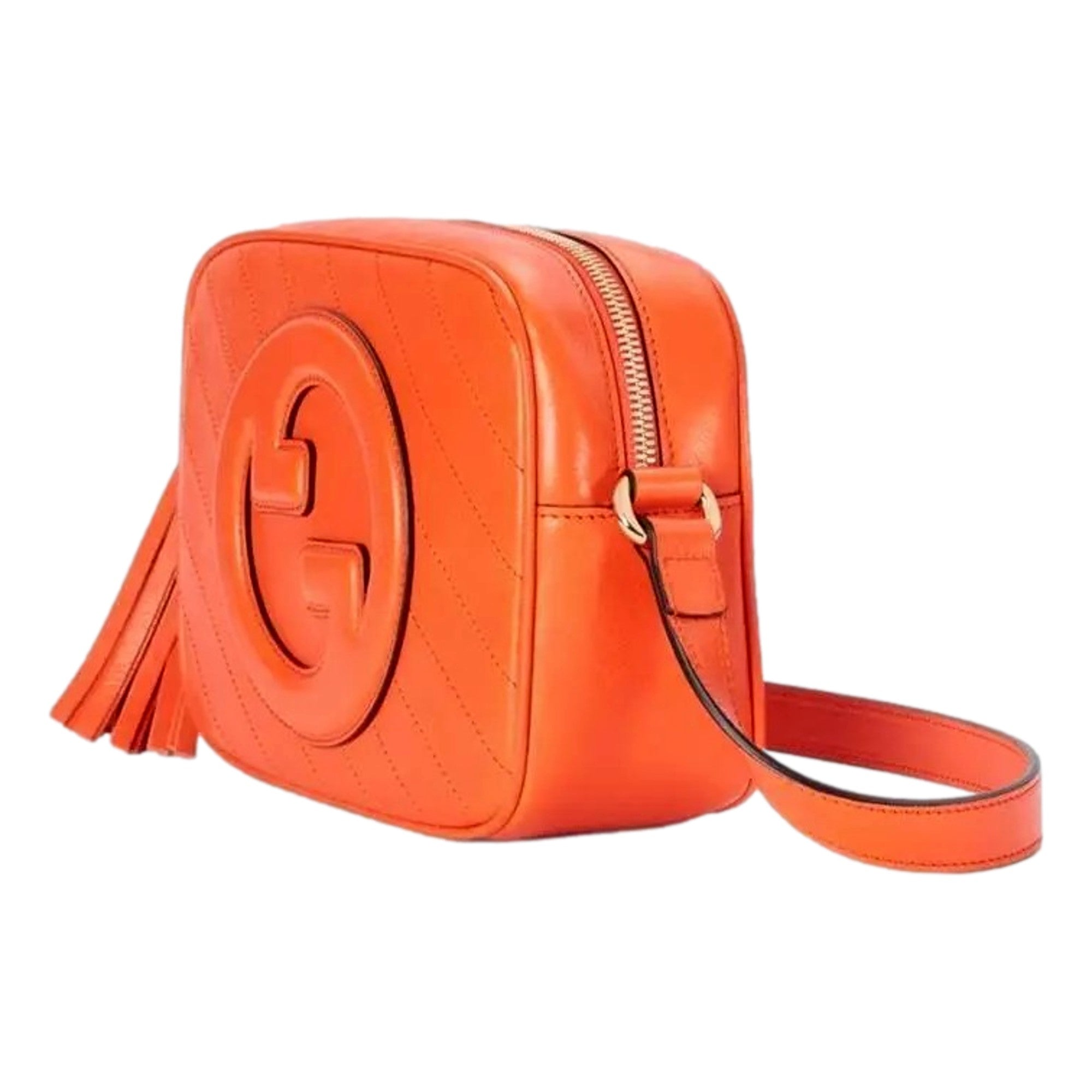 Gucci Blondie GG Patch Orange Leather Camera Crossbody Bag Diagonal Stitching