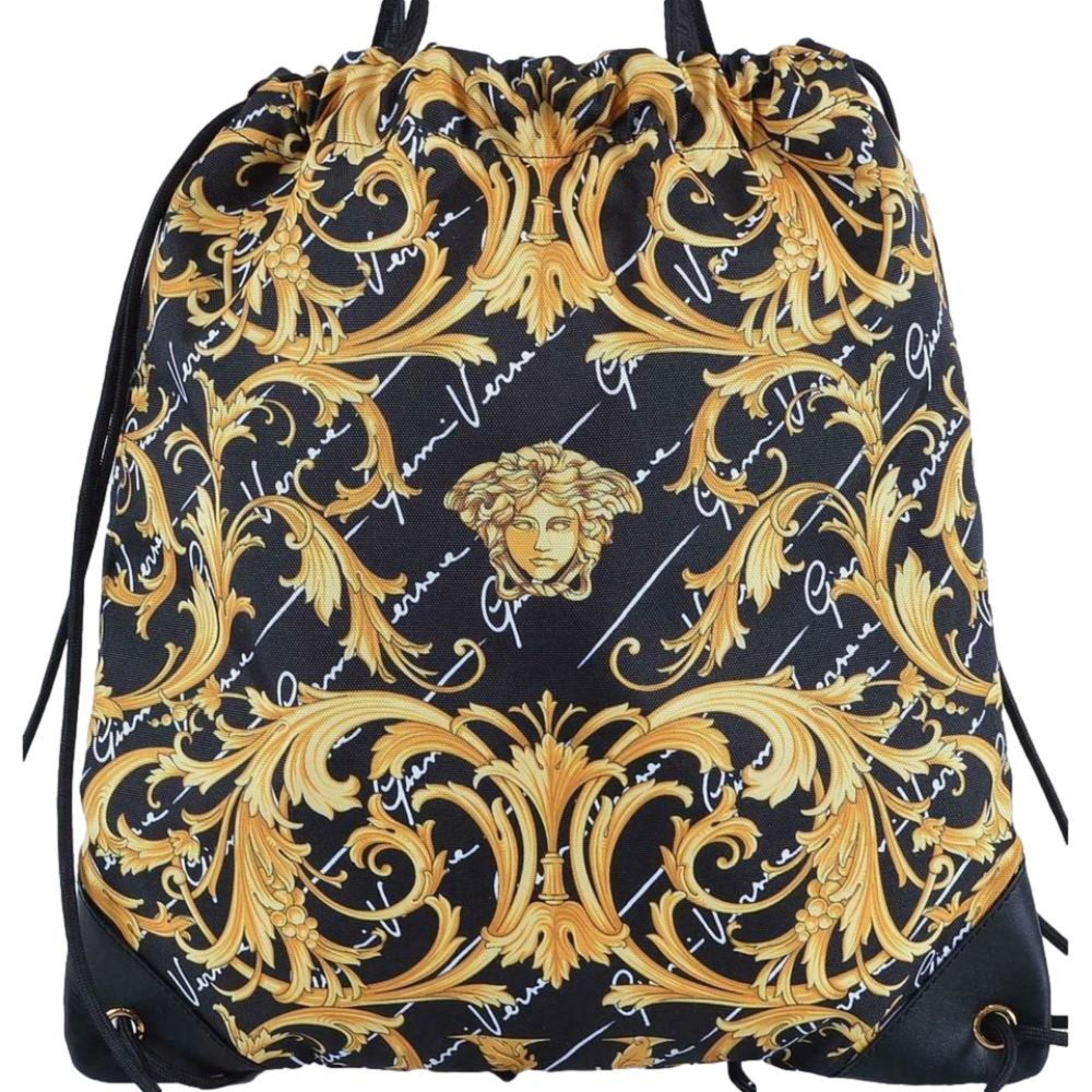 Versace Barocco Print Drawstring Backpack Black Nylon La Medusa Logo
