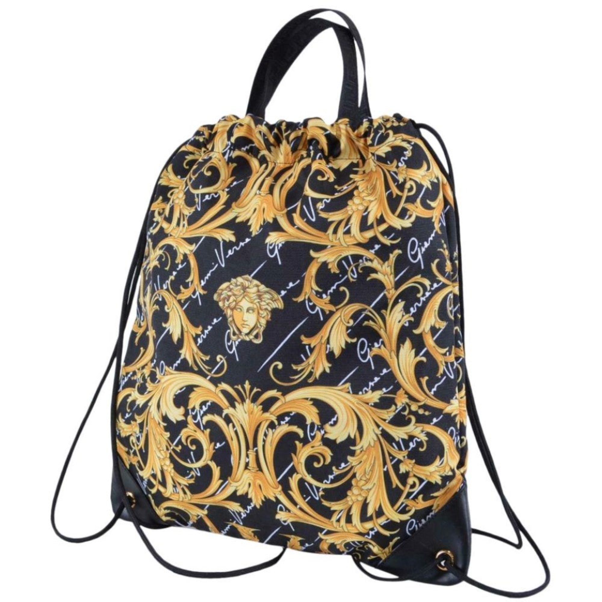 Versace Barocco Print Drawstring Backpack Black Nylon La Medusa Logo