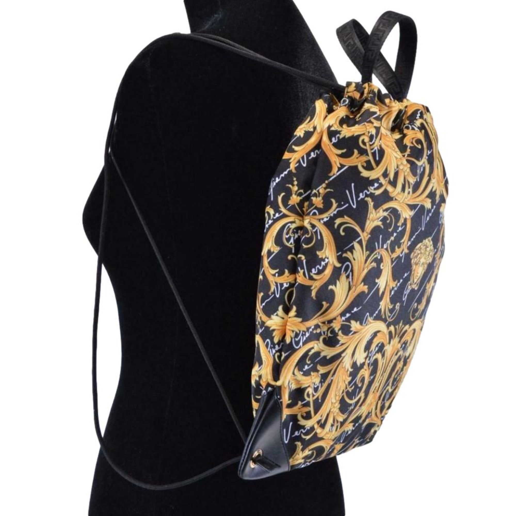 Versace Barocco Print Drawstring Backpack Black Nylon La Medusa Logo
