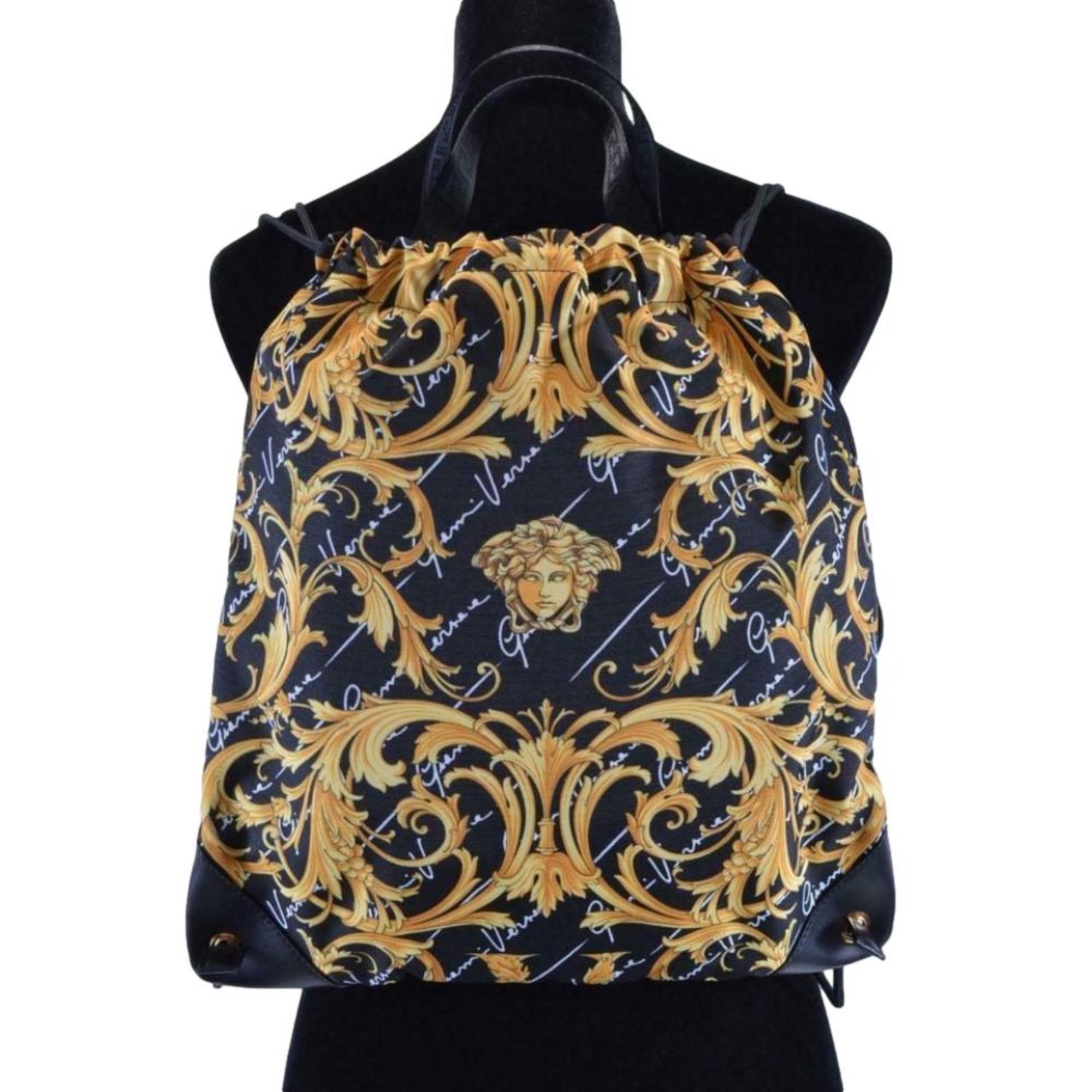 Versace Barocco Print Drawstring Backpack Black Nylon La Medusa Logo