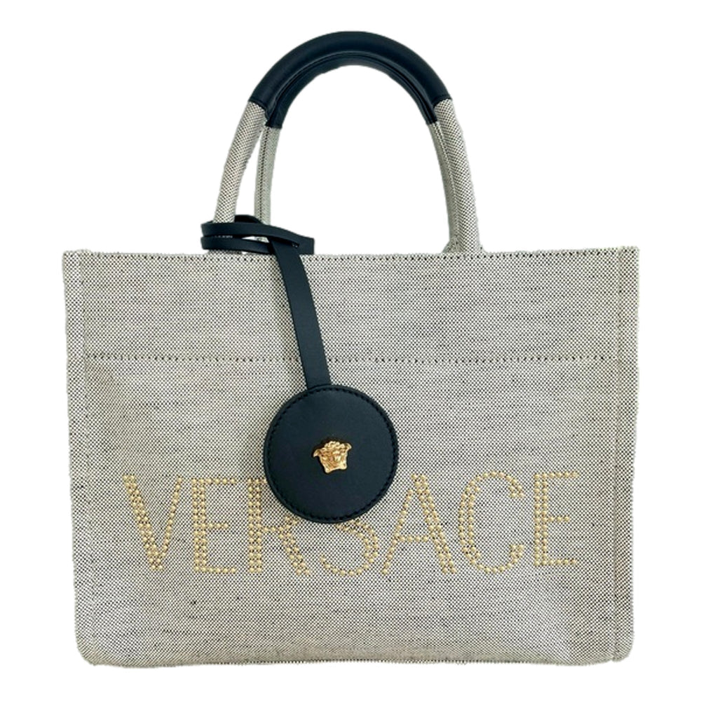 Versace Studded Logo Mini Tote Ecru Canvas Crossbody Bag Gold Hardware