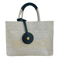 Versace Studded Logo Mini Tote Ecru Canvas Crossbody Bag Gold Hardware