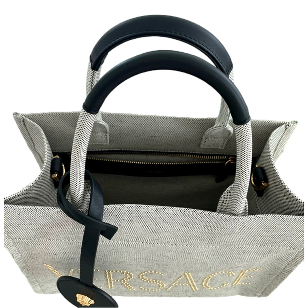 Versace Studded Logo Mini Tote Ecru Canvas Crossbody Bag Gold Hardware